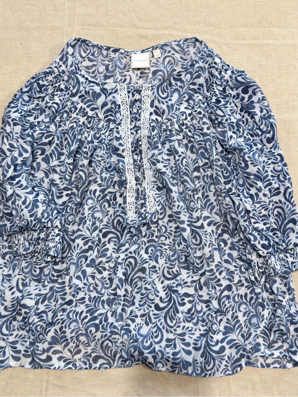 Zac & Rachel Boho Lace-Trim Peasant Top in Navy and White